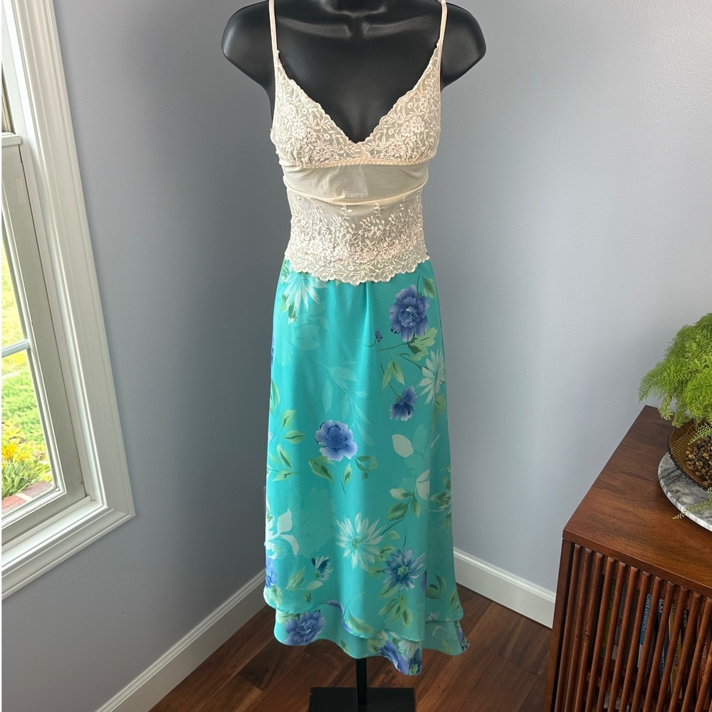Y2K Asymmetrical Floral Skirt Aqua Blue Purple White Midi Dressy Womens Size S